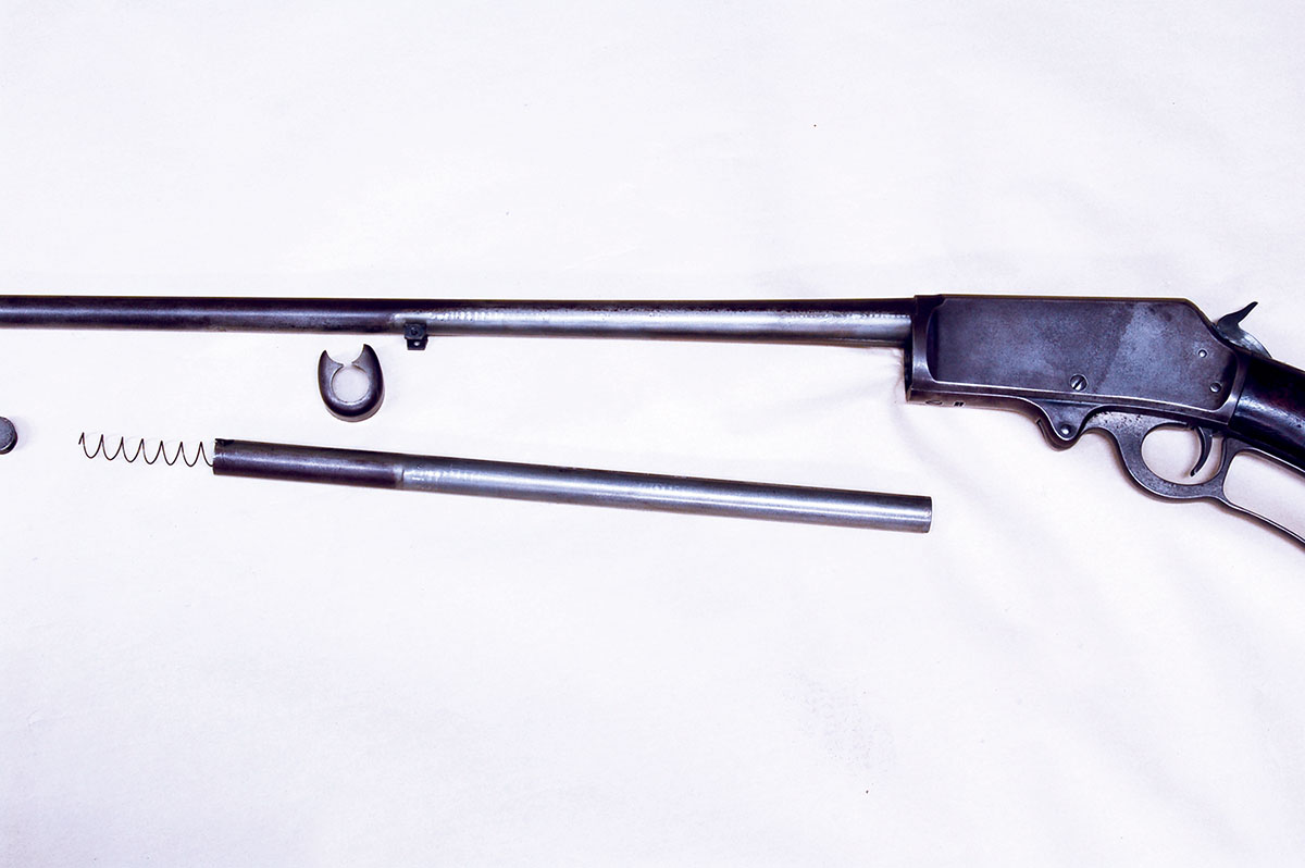 Always remove magazine tubes from old guns to check for rust. Spring should protrude about five inches. This one is weak, but still functions.